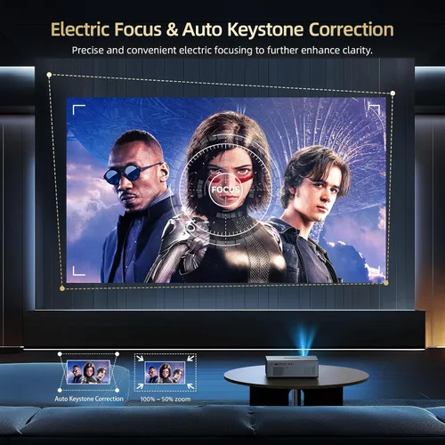 Vista 9 de [Compatible con Netflix y Dolby Audio] Proyector inteligente con WiFi6 y Bluetooth5.3, enfoque eléctrico y corrección automática keystone