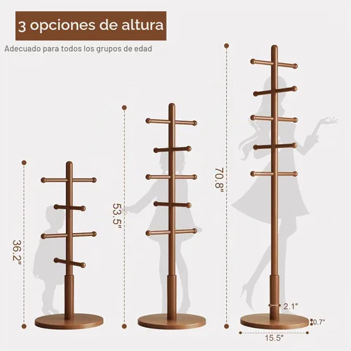 Vista 6 de Perchero de madera maciza independiente con 10 ganchos, perchero independiente con 3 alturas ajustables para abrigos, sombreros, bolsos, perchero