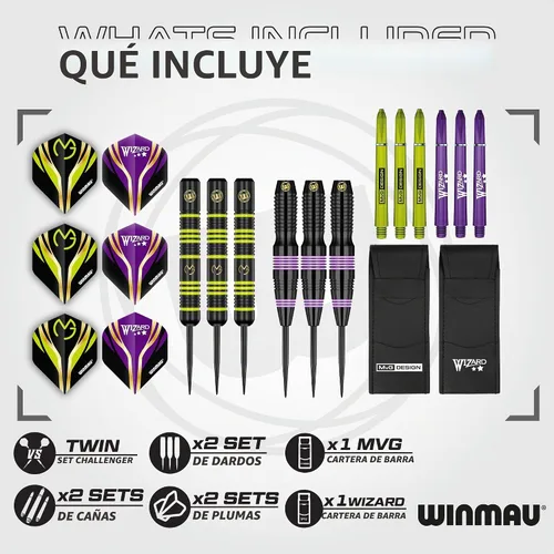 Vista 2 de WINMAU MvG vs Wizard - Juego de dardos de punta de acero – Juego doble