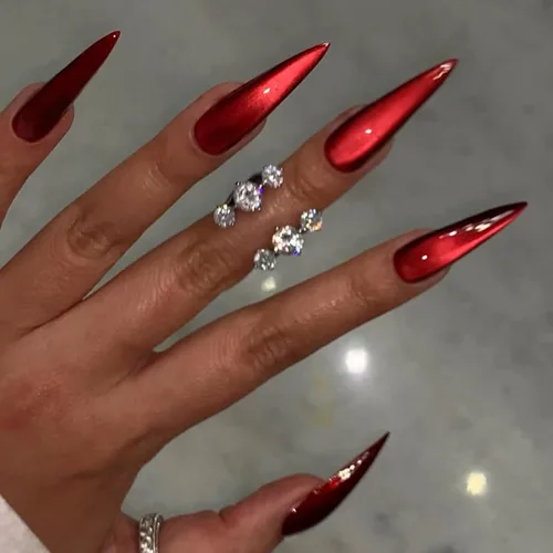 Vista 35 de Uñas postizas rojas de tamaño mediano en forma de almendra, uñas acrílicas brillantes con diseño de purpurina, uñas artificiales de cobertura a001