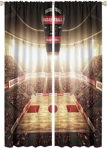 Vista 20 de Cortinas deportivas de baloncesto para niños, patrón de llama de bola 3D naranja, 42 pulgadas de ancho x 45 pulgadas de largo