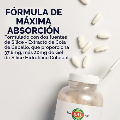 Vista 7 de KAL Silica Plus, Gel de Sílice con Extracto de Cola de Caballo, Apoyo para Cabello, Piel y Uñas Saludables, Máxima Absorción, Cabello Vibrante, Piel