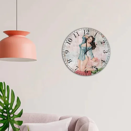 Vista 3 de Pin Up - Reloj de madera para niñas, silencioso, funciona con pilas, 12 pulgadas, estilo retro, de madera, con números arábigos, para el hogar