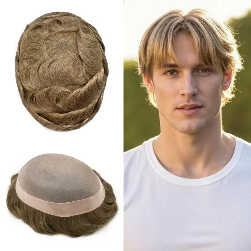 Vista 68 de Mens Toupee Hair Piece Real Human Hair Fine Mono Toupee para hombres Sistema de reemplazo de cabello para hombre Postizo Protesis Capilar Para
