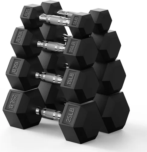 Vista 9 de PAPABABE Juego de mancuernas hexagonales de 45 a 550 libras, mancuernas de gimnasio en casa con revestimiento de goma, mancuernas para mujeres