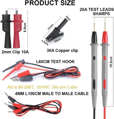 Vista 2 de HANDSKIT Kit de cables de prueba de multímetro, juego de cables de prueba con pinzas de cocodrilo, sonda de mini ganchos de prueba y sondas
