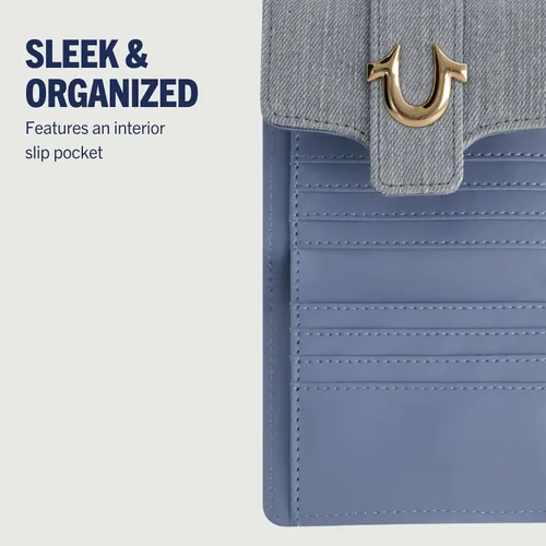 Vista 6 de True Religion Women's Mini Wallet, Horseshoe Logo Small Compact Trifold Clutch Purse Mezclilla clara