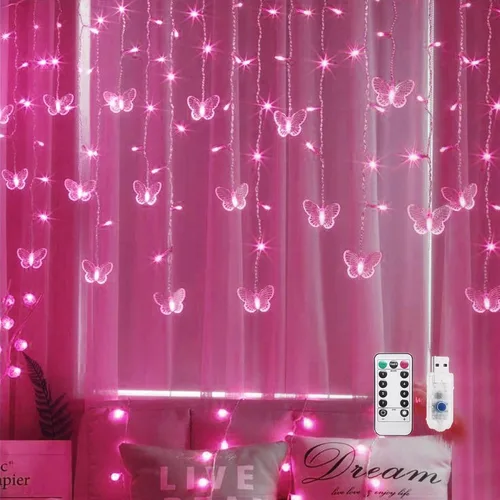 Vista 12 de Guirnalda de luces de cadena de hadas con cortina de mariposa, 120 LED, 8 modos, temporizador alimentado por USB, luz parpadeante de luciérnaga