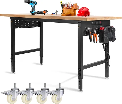 Vista 16 de Banco de trabajo de altura ajustable de 48 x 24 pulgadas, banco de trabajo resistente para garaje con estante debajo de la mesa, mesa de trabajo