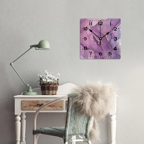 Vista 5 de Reloj de pared de madera de 15 pulgadas, funciona con pilas, digital morado y dorado con textura de purpurina cuadrada, reloj de pared