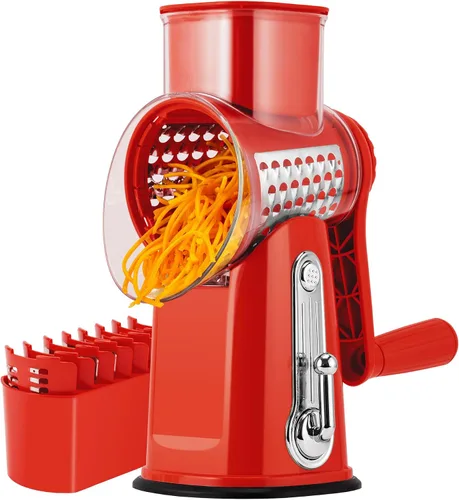 Vista 10 de SUSTEAS Rallador de queso rotativo con mango - Triturador de verduras con 5 cuchillas bien diseñadas y base de succión fuerte, rebanador
