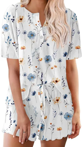 Vista 18 de Ekouaer Conjunto de pijamas teñidos con técnica tie dye para mujer, ropa de dormir, 2 piezas, conjuntos de pijamas, ropa de relajación A-tie Dye