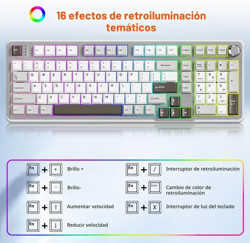 Vista 7 de Teclado mecánico inalámbrico para juegos, conectividad trimodo (Bluetooth 5.0/2.4GHz/USB-C), intercambiable en caliente, retroiluminación RGB