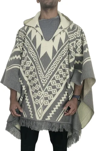 Vista 3 de DAVLINA, ALPACA Wool Poncho Hooded and, Aztec Pattern, Unique and handmade in Ecuador. Thick, Warm and Soft Wool Poncho