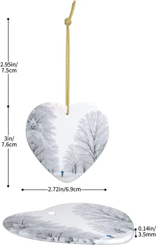 Vista 4 de Árboles en días nevados con estampado de árbol de Navidad colgante de cerámica en forma de corazón colgantes de árbol de Navidad reuniones