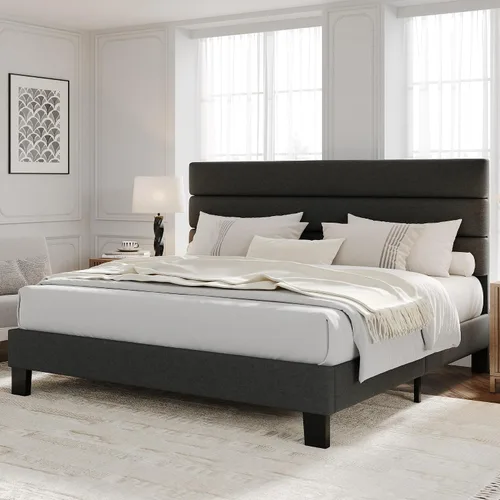 Vista 9 de GarveeHome Base de cama tamaño matrimonial con cabecera ajustable, tapizada de tela de lino y soporte de listones de madera, base de colchón