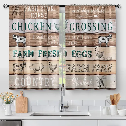 Vista 11 de Aimego - Cortinas de cocina con plantas rústicas y flores de primavera, botánicas, con hojas verdes, cortas, para cafetería, baño, con bolsillo
