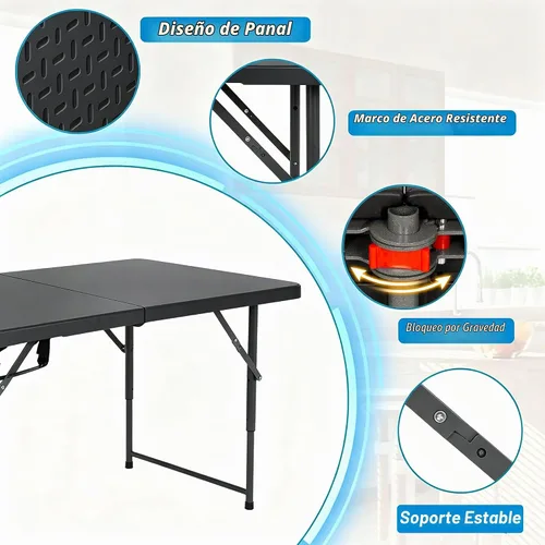 Vista 6 de Dkeli Mesa plegable de 4/6 pies para interiores y exteriores, mesa de plástico resistente, portátil, plegable, para camping, comedor, mesa de Negro