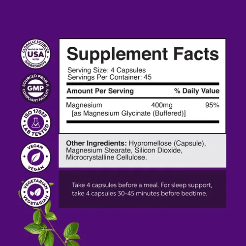 Vista 3 de Suplemento mineral de glicinato de magnesio de 400 mg, suplemento de magnesio calmante para mujeres y hombres, apoyo natural del sueño para la salud