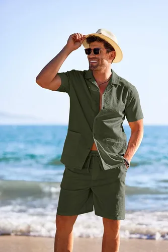 Vista 2 de COOFANDY Conjunto de camisa de 2 piezas para hombre, ajuste regular, manga corta, con botones, informal, para playa, pantalones cortos