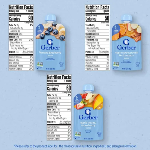 Vista 2 de Gerber Bolsas de comida para bebés, niños pequeños a partir de 12 meses, paquete variado de frutas surtidas, 3.5 onzas (juego de 18)