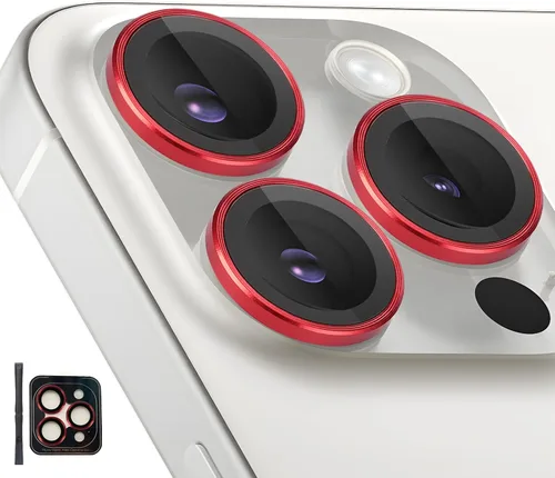 Vista 19 de Protector de lente de cámara para iPhone 15 Pro/15 Pro Max, protector de lente de anillo de cámara de vidrio templado individual con bandeja