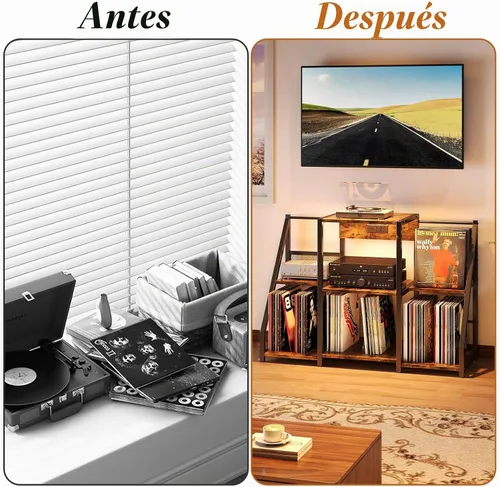 Vista 7 de HavenlyYouth Soporte para tocadiscos, mesa de tocadiscos con tomas de corriente y luz LED, capacidad para hasta 300 álbumes, soporte