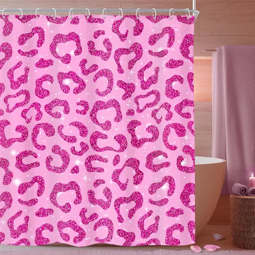 Vista 21 de Riyidecor Cortina de Ducha con Estampado de Leopardo Negro y Rosa Cabina Pequeña RV Estrecha Linda Femenina Moderna Trendy Simple Guepardo 36Wx72H