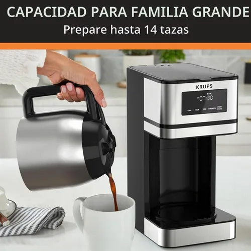Vista 2 de Krups Simply Brew Cafetera de Goteo de Acero Inoxidable y Jarra Térmica 12 Tazas Programable, Personalizable, Pantalla Digital, Filtro de Café