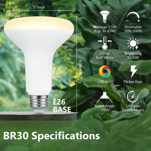 Vista 2 de Sigalux BR30 - Bombillas LED para interiores para latas empotradas, 7.5 W (reemplazo de 65 W), 650 lm, blanco suave 2700 K, atenuación suave, CRI