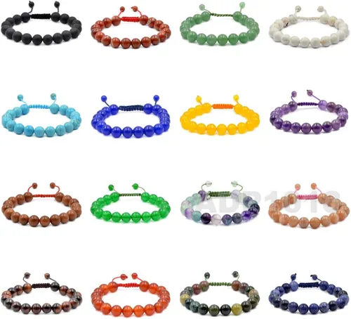 Vista 4 de AD Beads - Pulseras de gemas naturales de 0.39pulgadas, cristales de sanación, macramé ajustable de 7 a 9pulgadas