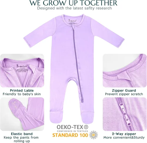Vista 9 de Jimonda Pijama de bambú para bebé, unisex, para niños y niñas, de una pieza, manga larga, cierre de cremallera de 2 vías, mameluco