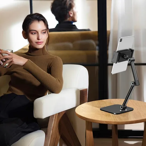 Vista 7 de Soporte para tablet para iPad, soporte de teléfono con base resistente para escritorio, soporte plegable ajustable multiángulo compatible