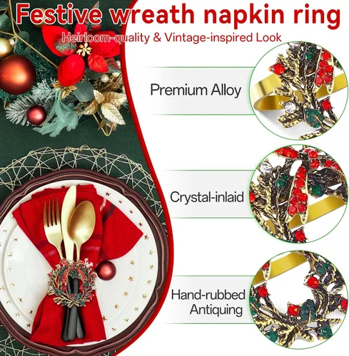 Vista 3 de ZeeDix Juego de 6 servilleteros de corona de Navidad, servilleteros de Navidad para servilletas de tela, servilleteros de Navidad para Acción