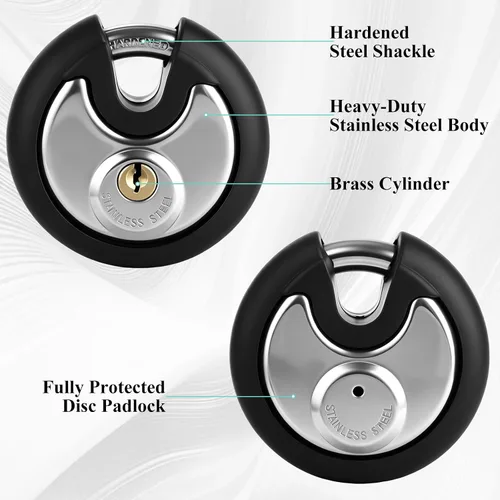 Vista 3 de 4 Pcs Disc Padlock 70 mm, Round Pad Lock with 8 Keys, Stainless Steel Body with Black Rubber Bumper, Storage Unit Use for Shed, Garage, Fence and