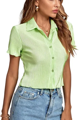 Vista 3 de LYANER Blusa corta de manga corta con cuello en V y botones para mujer