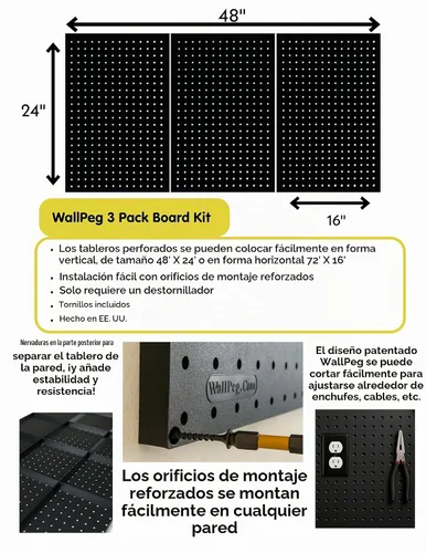 Vista 4 de Fabricado en Estados Unidos – Organizador de pared Nerf Gun Pegboard 3 paneles de 24 x 16 pulgadas – 72 pulgadas de ancho – Kit P-202 B