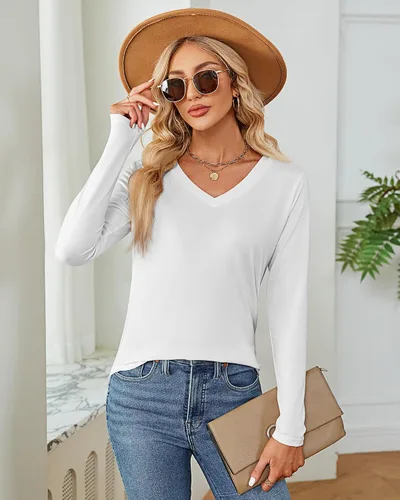 Vista 3 de Ficerd Paquete de 2 camisetas con cuello en V para mujer, manga corta o larga, camisetas básicas de verano casuales con dobladillo sólido