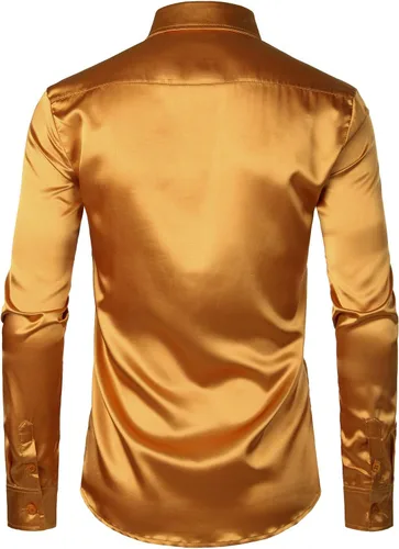 Vista 3 de ZEROYAA Camisas de vestir con botones de satén de seda brillante de lujo para hombre