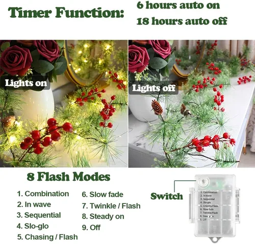 Vista 3 de Guirnaldas de Navidad ChiRee de 2.00 m con 30 luces LED, guirnaldas de pino ahumado con luces, funciona con pilas, guirnalda de conos de pino