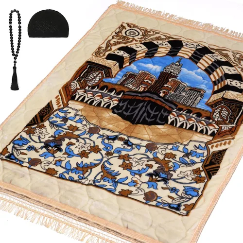 Vista 15 de Alfombra de oración musulmana con cuentas de oración Tasbih y sombrero de kufi, acolchada muy gruesa, alfombra de oración para hombres y mujeres
