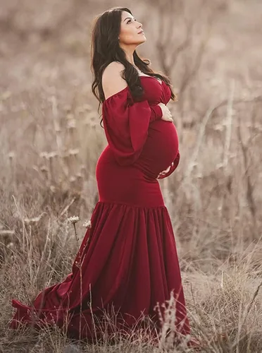 Vista 6 de ZIUMUDY Vestido de sirena ajustado de maternidad para sesión de fotos, manga larga, falda de gasa escalonada, vestido de accesorios para fotos