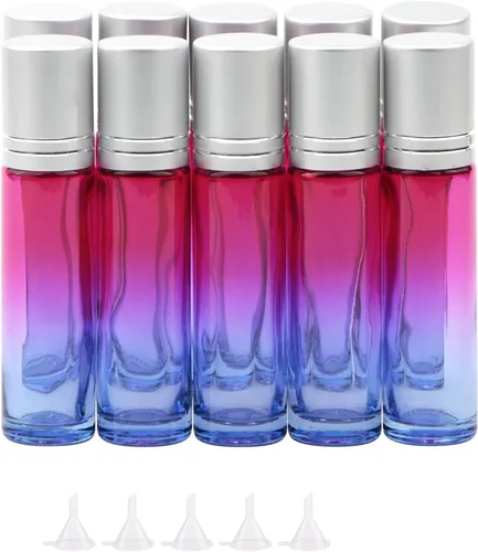 Vista 9 de Juego de 10 botellas enrollables de vidrio, 0.3 fl oz (1/3 onza), tarros de rodillo de gradiente azul con abridor de embudos, frascos de vidrio