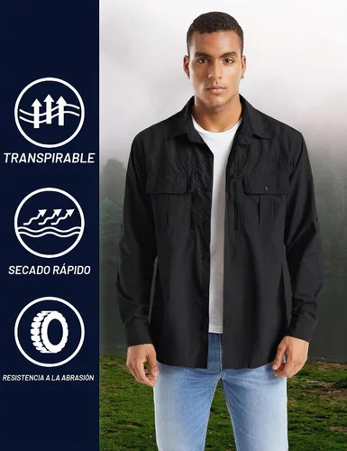 Vista 4 de TACVASEN Camisa de pesca de manga larga para hombre, de secado rápido Negro