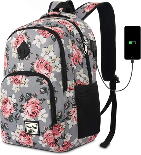 Vista 9 de YAMTION Mochila escolar, mochila para laptop con compartimento de 15.6 pulgadas para hombres y mujeres, color beige