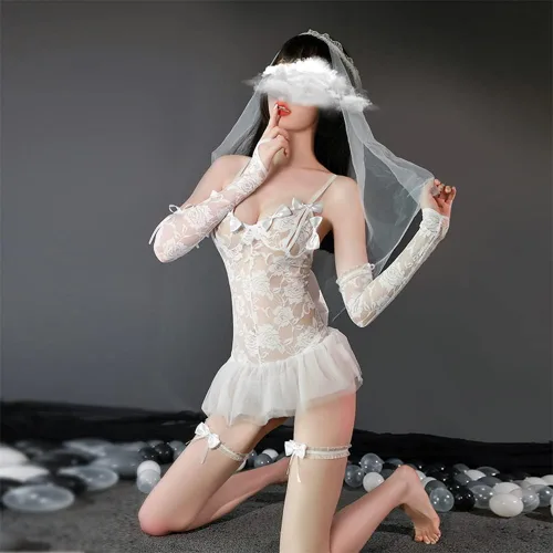 Vista 7 de Vestido de novia de cosplay para mujer, conjunto de lencería sexy de anime japonés
