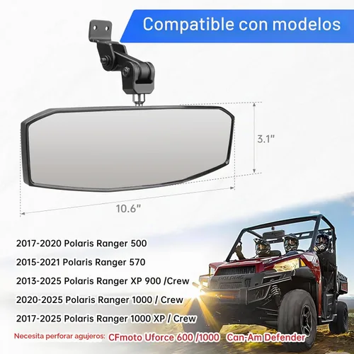 Vista 2 de SHEJISI Espejo retrovisor UTV, espejo retrovisor para Polaris Ranger compatible con Polaris Ranger 500 570 900 XP 1000XP / Crew, posición ajustable