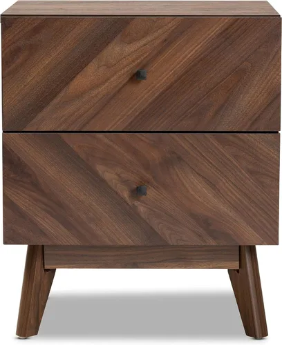 Vista 5 de Baxton Studio Hartman Mid-Century - Mesita de noche moderna de madera con acabado marrón nogal con 2 cajones