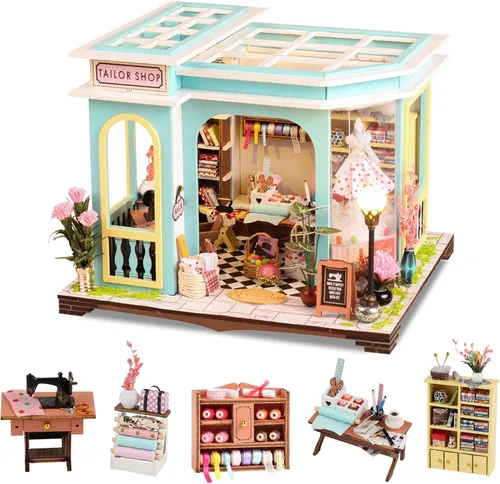 Vista 8 de Monet's Studio Book Rook Kit con luz LED y cubierta antipolvo, kit de casa en miniatura de bricolaje, rompecabezas de madera 3D, kit de construcción