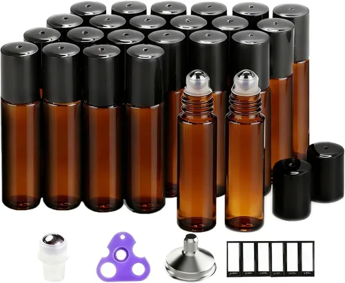 Vista 18 de PrettyCare 4 Pack 10ml Amber Glass Essential Oil Roller Bottles - Roller Ball Applicator, Leakproof Roll on Bottles, Travel Size Containers, Empty